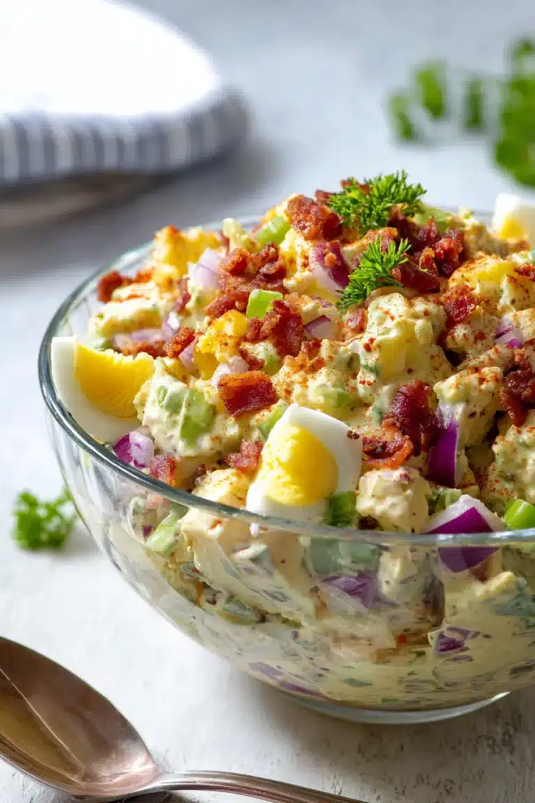 Smoked potato salad with eggs, bacon, red onions, and creamy dressing in a glass bowl garnished with paprika and parsley