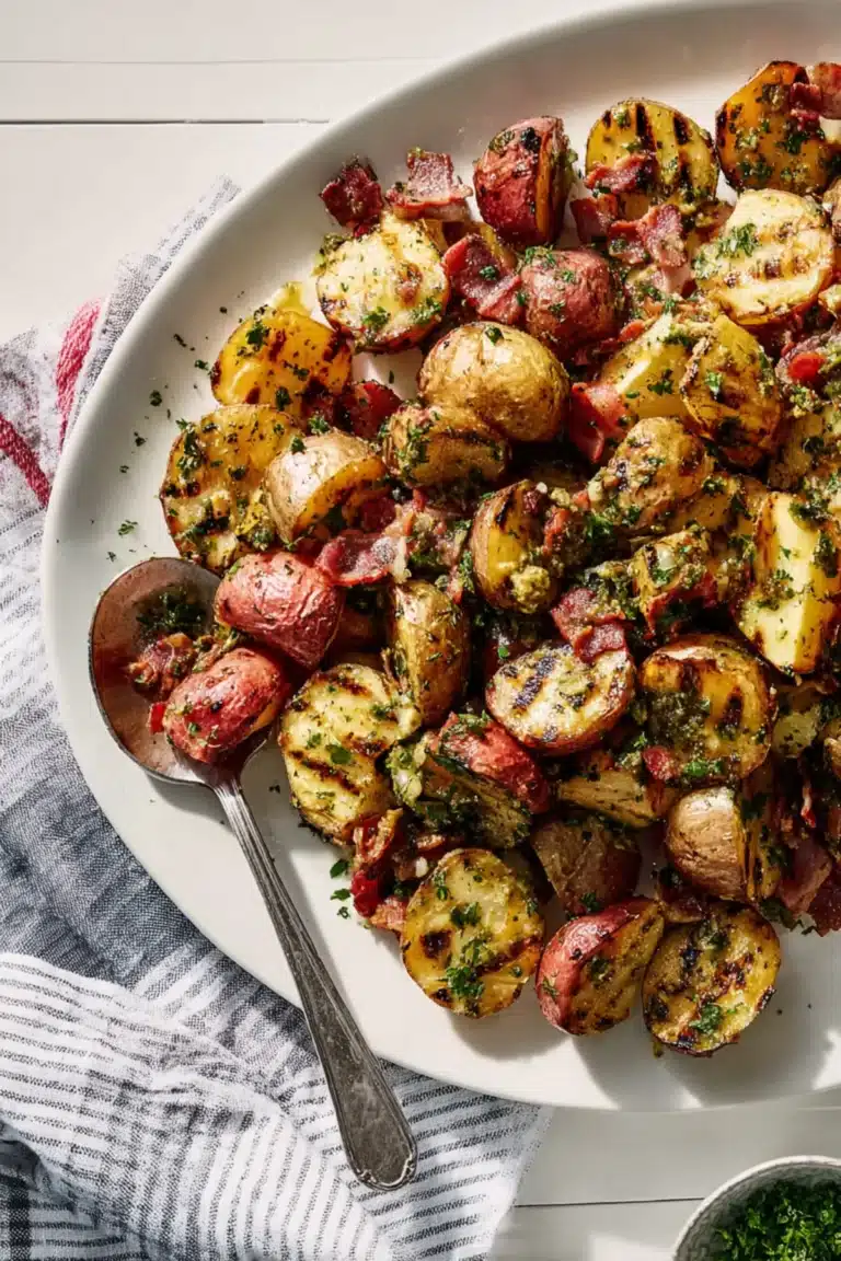 Grilled smoky potato salad with crispy bacon and herbs served warm on a white plate with a rustic spoon
