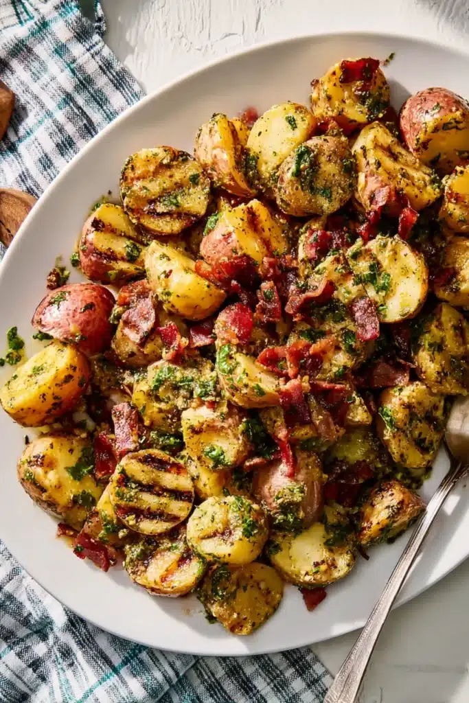 Grilled smoky potato salad with crispy bacon and fresh herbs served on a white plate for a rustic side dish
