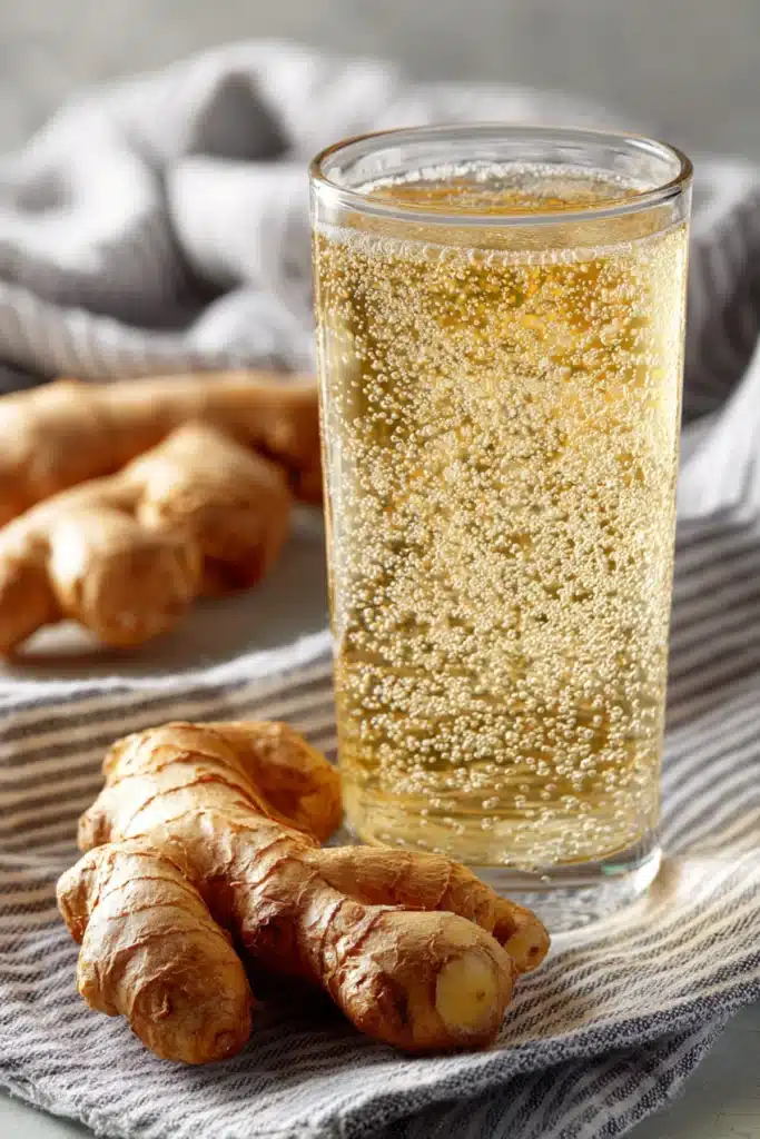 Refreshing glass of sparkling ginger bug drink with fresh ginger roots.
