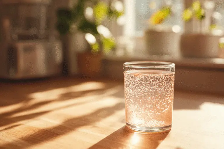 A clear glass of sparkling pink salt water on a sunlit wooden table with soft indoor shadows and background plants