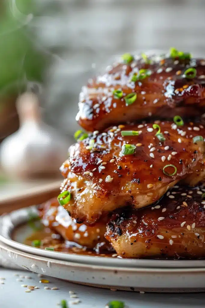 Stacked honey garlic chicken thighs glazed in sticky sauce, topped with sesame seeds and chopped green onions