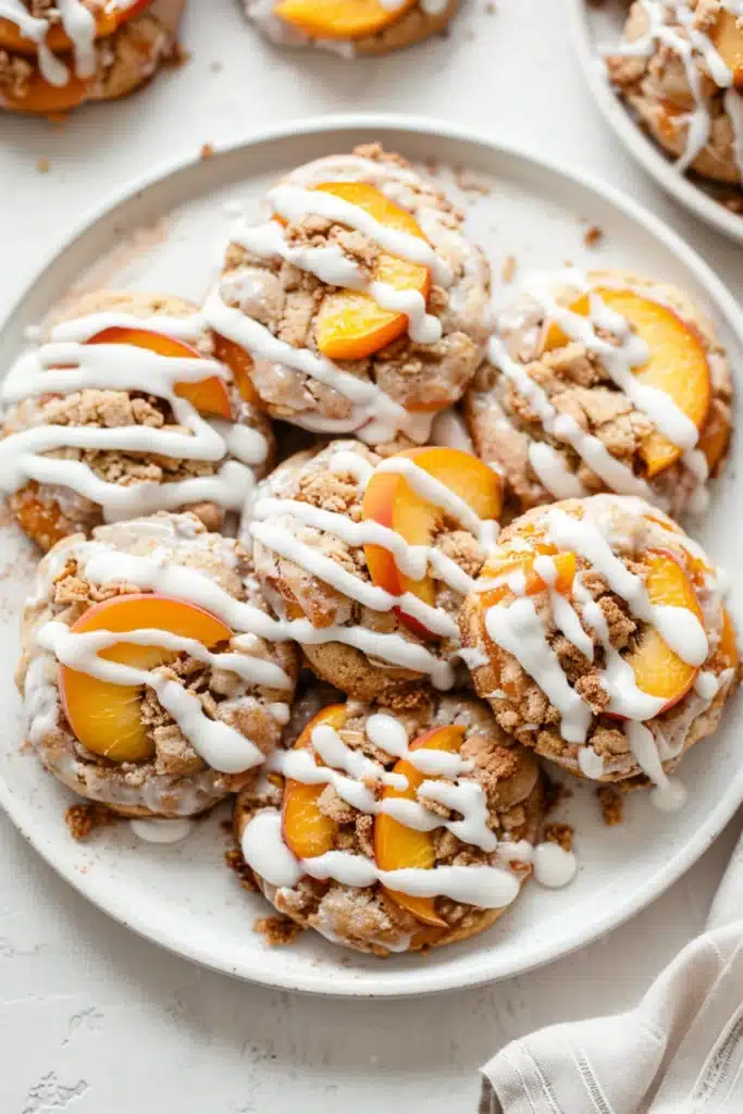 Peach cobbler cookies stacked on a white plate, topped with peach slices, crumble, and thick icing drizzle