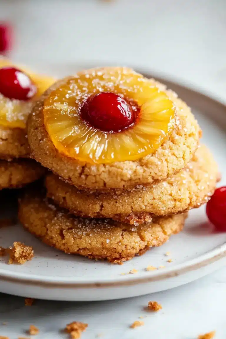 Stack of pineapple upside-down cookies topped with cherries and sugar crystals on a ceramic plate with crumbs