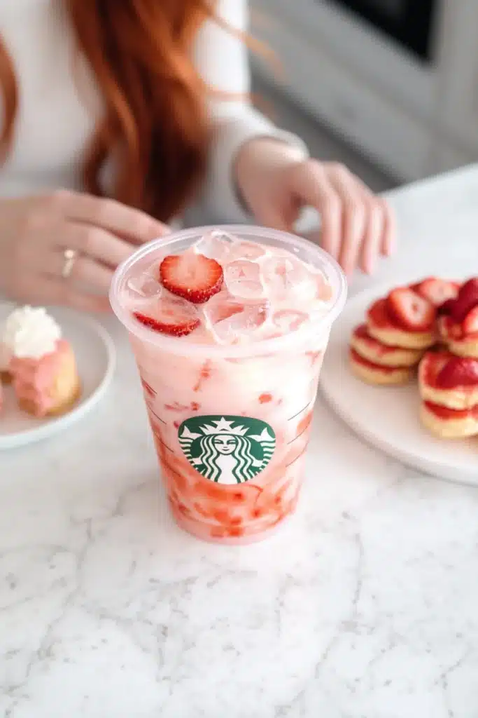 Starbucks pink drink with ice and sliced strawberries on marble table, red-haired woman reaching for strawberry shortcake nearby.