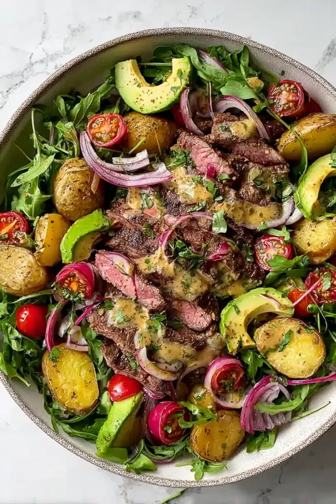 Colorful steak and potato salad with avocado, cherry tomatoes, and arugula topped with creamy dressing in a bowl

