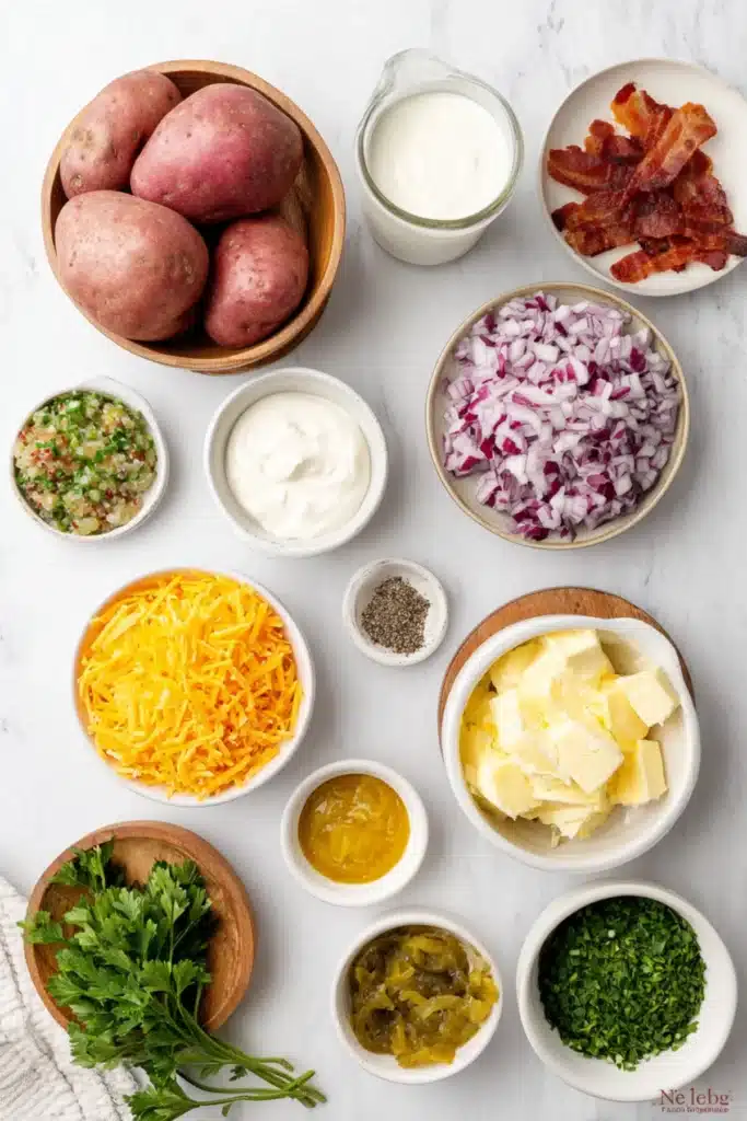 Ingredients for steakhouse potato salad including red potatoes, bacon, cheddar cheese, sour cream, onions, herbs, and butter