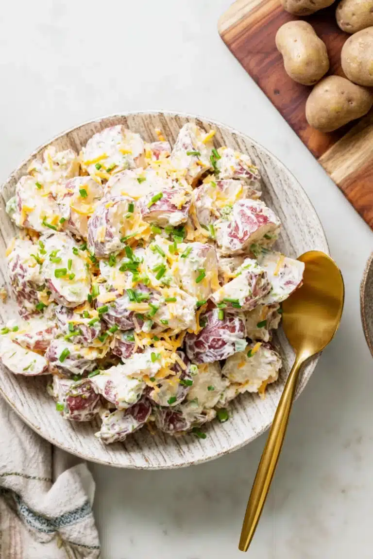 Overhead view of creamy steakhouse potato salad with red potatoes, cheddar cheese, and fresh chives in a rustic bowl
