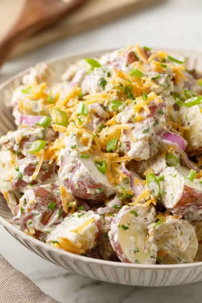 Creamy steakhouse potato salad with red potatoes, cheddar cheese, red onions, and herbs in a rustic bowl