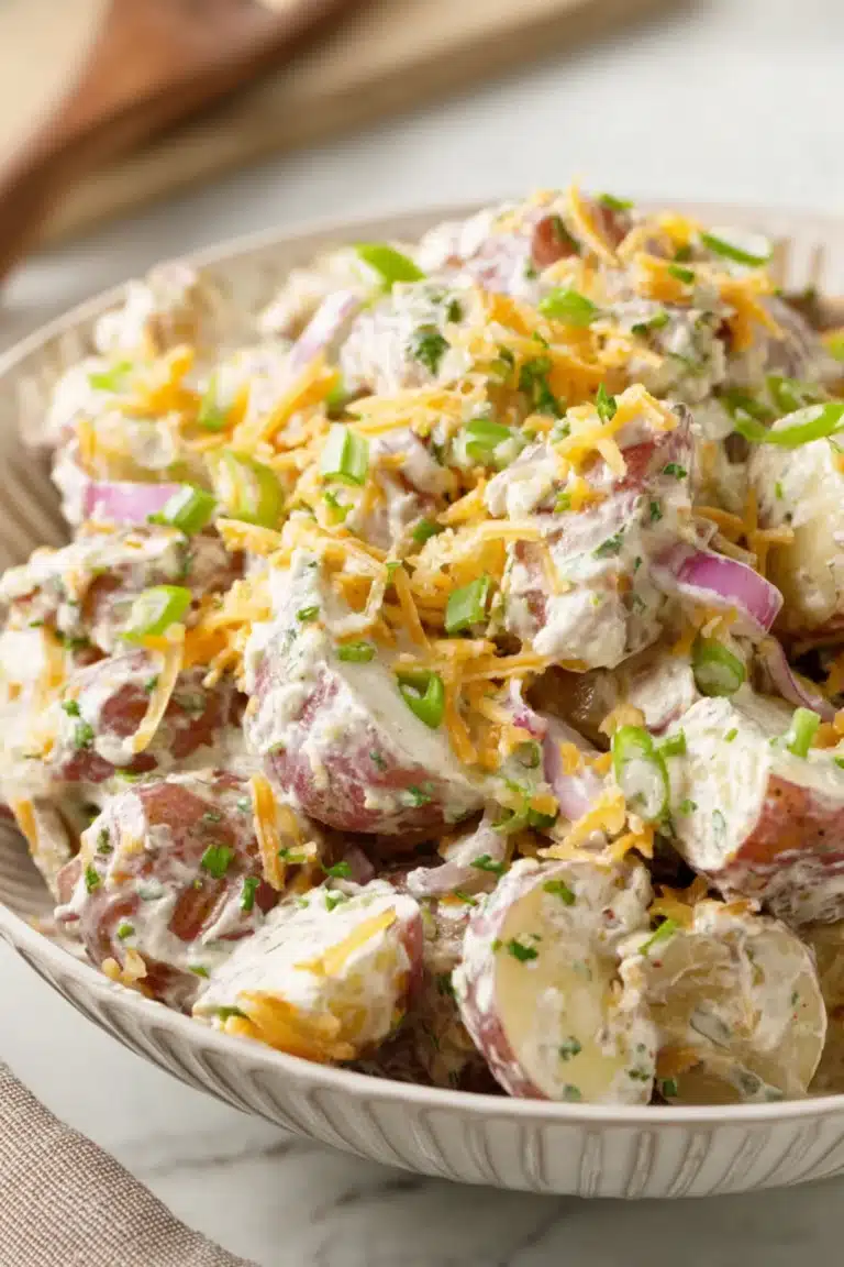 Creamy steakhouse potato salad with red potatoes, cheddar cheese, red onions, and herbs in a rustic bowl