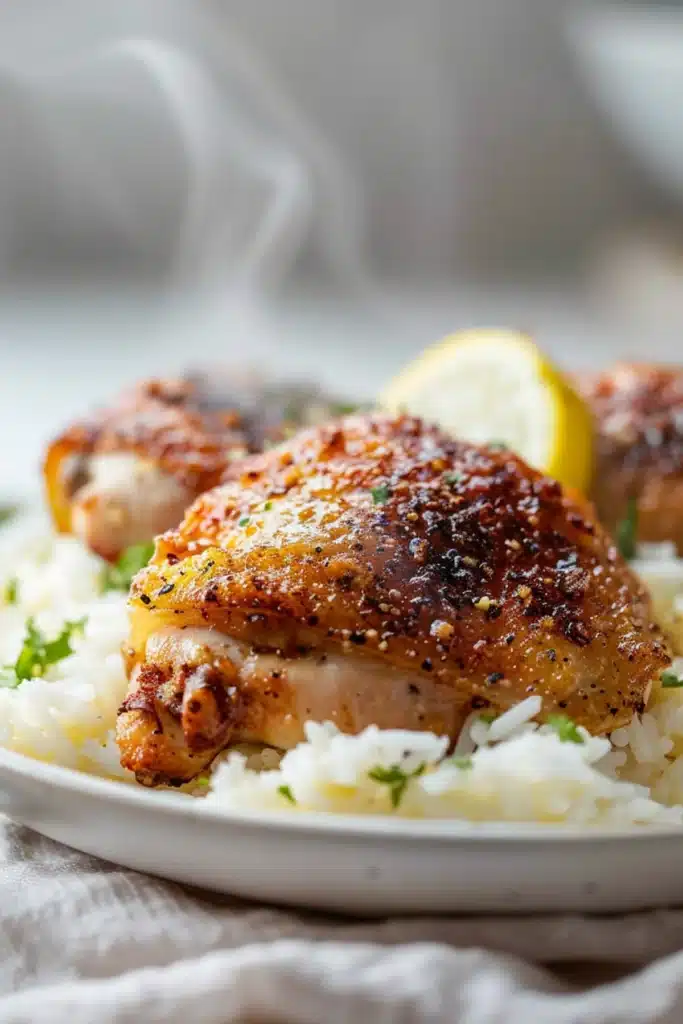 Steaming roasted chicken thigh served over fluffy white rice with lemon wedge and fresh parsley garnish
