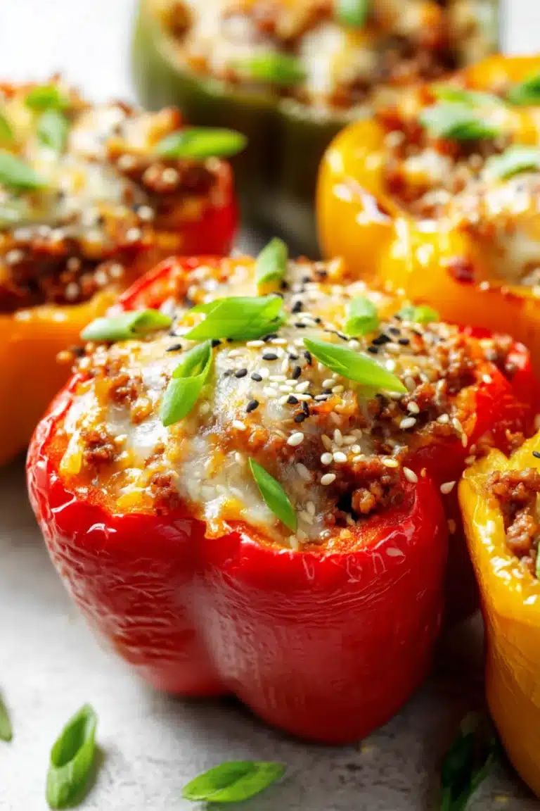 Juicy stuffed bell peppers with teriyaki chicken, pineapple chunks, melted cheese, and sesame seeds garnish.