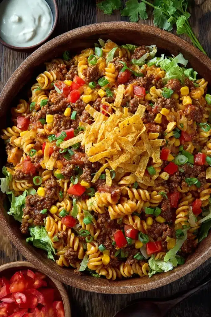 Taco pasta salad with ground beef, corn, tomatoes, and tortilla strips in a wooden bowl.