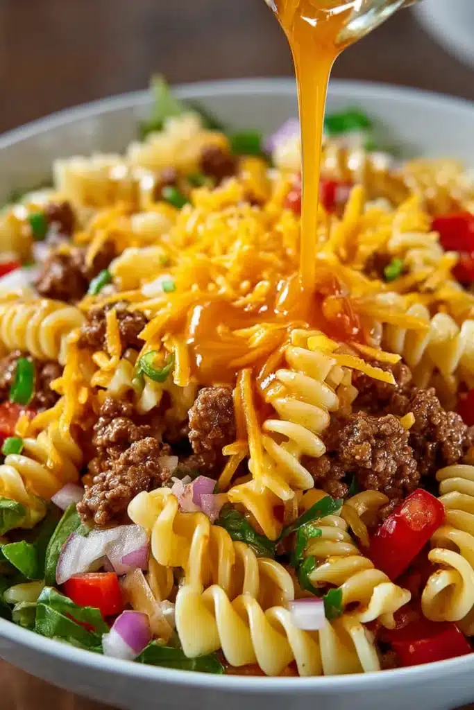Close-up of taco pasta salad with ground beef, shredded cheese, fresh vegetables, and tangy dressing.