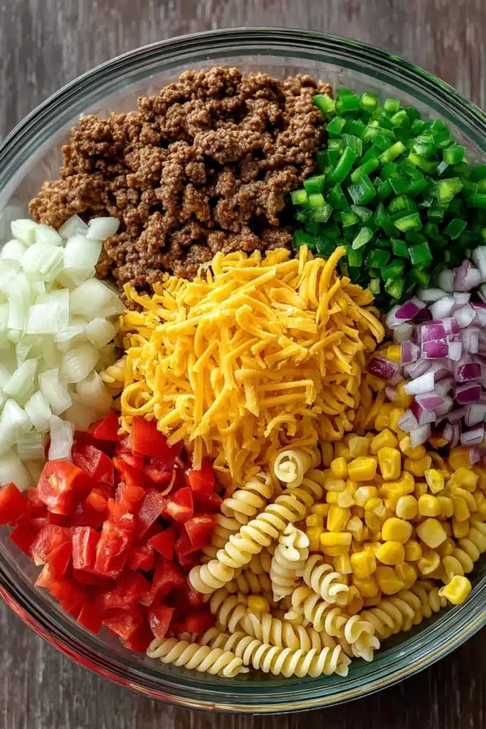 Taco pasta salad ingredients including pasta, ground beef, cheese, corn, peppers, onions, and tomatoes in a glass bowl.