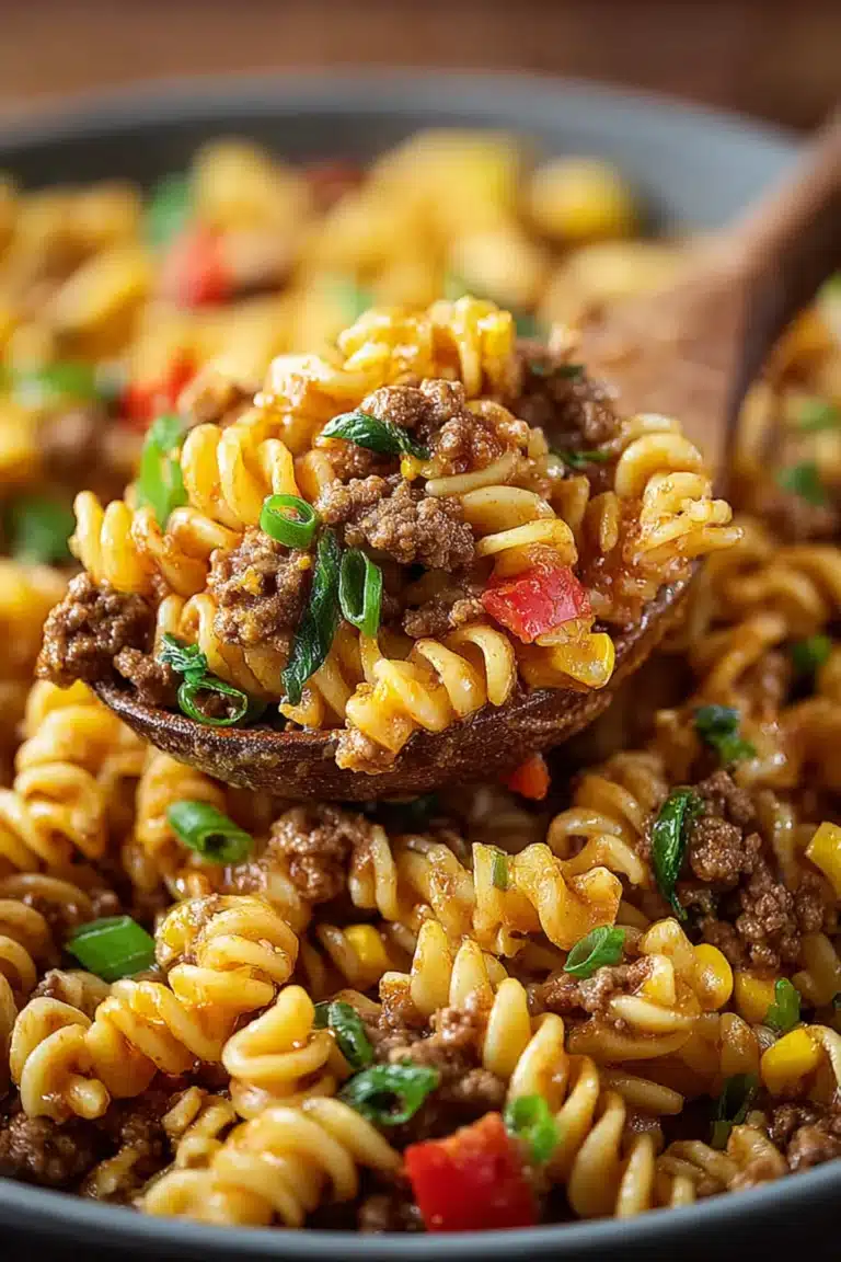 Hearty taco pasta salad with ground beef, rotini pasta, peppers, and corn served on a wooden spoon.