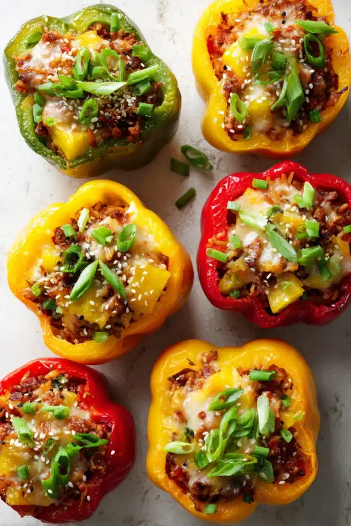 Colorful bell peppers stuffed with teriyaki chicken, pineapple chunks, melted cheese, and sesame seeds, topped with scallions.

