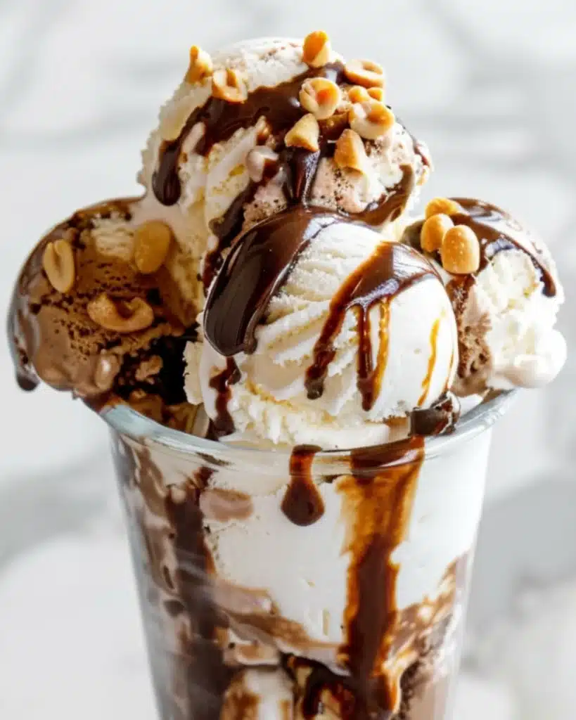 Three scoops of vanilla and chocolate ice cream topped with peanuts and chocolate sauce in a clear glass sundae cup