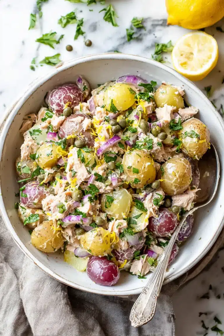 Colorful tuna potato salad with red and yellow potatoes, capers, red onions, lemon zest, and fresh parsley