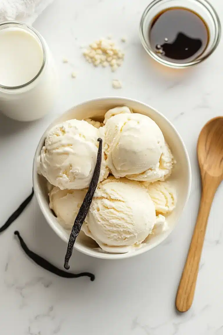 Coolish vanilla ice cream scoops in a white bowl with vanilla bean, surrounded by milk, syrup, and a wooden spoon.