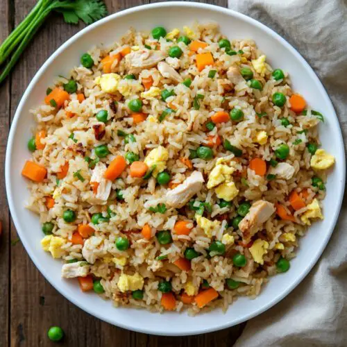 Colorful Blackstone chicken fried rice with diced carrots, peas, eggs, and grilled chicken served on a round white plate