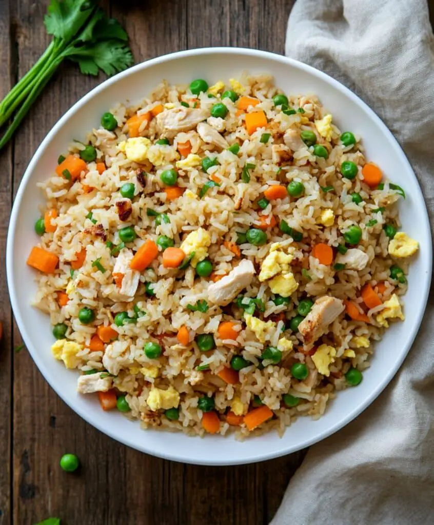 Colorful Blackstone chicken fried rice with diced carrots, peas, eggs, and grilled chicken served on a round white plate