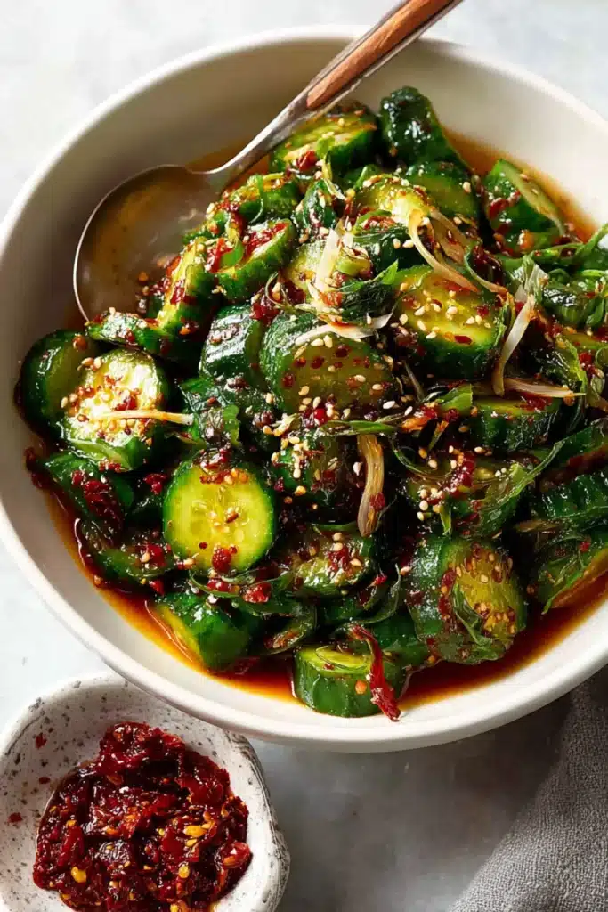 Fresh cucumber salad with sesame seeds, chili flakes, and soy dressing in a white bowl.