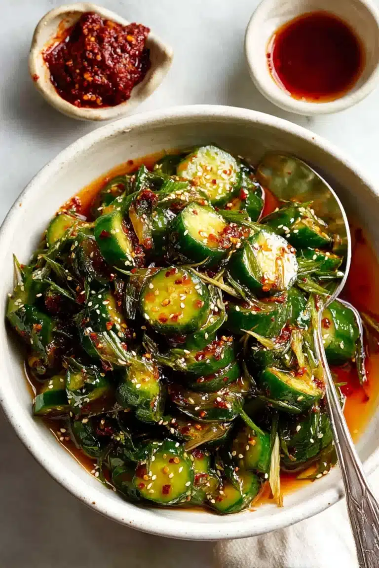 Spicy cucumber salad with sesame seeds and chili oil in a white bowl.