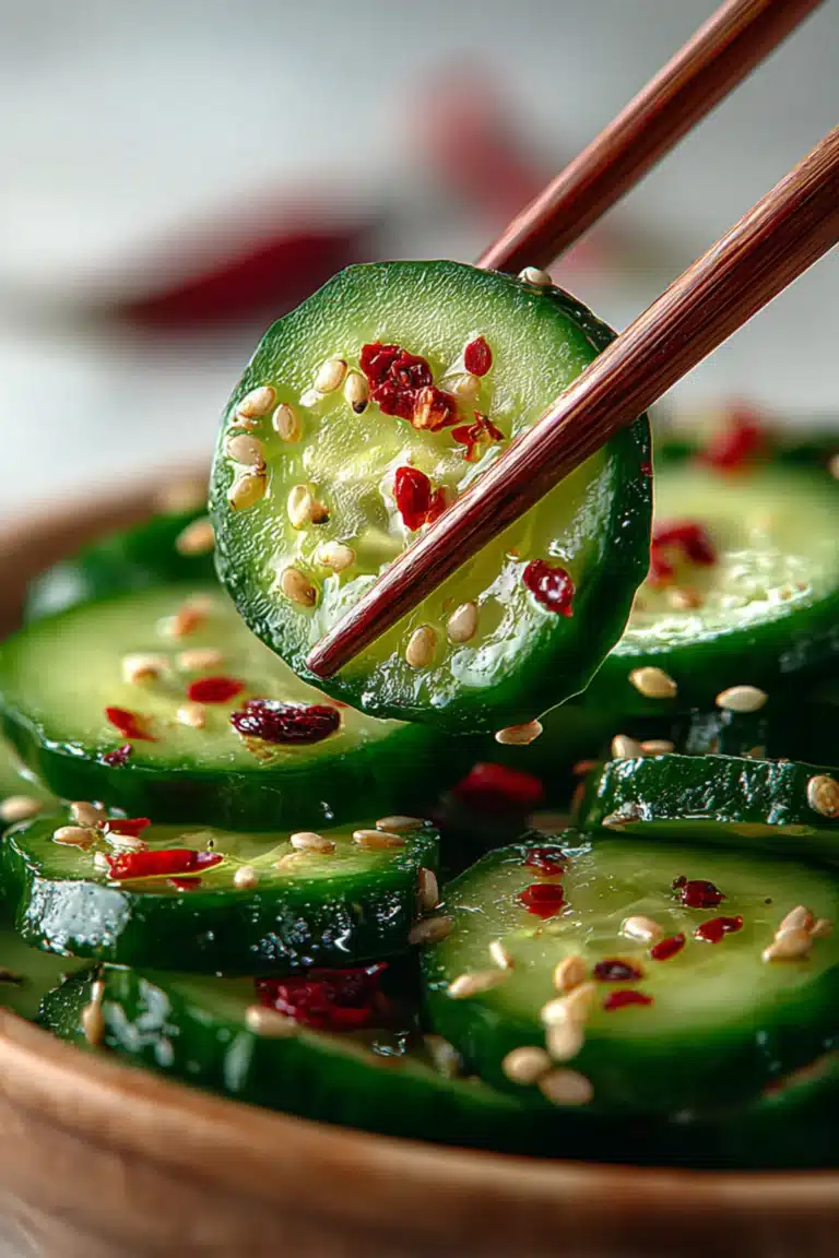 Crisp cucumber slices with sesame seeds and chili flakes in a viral cucumber salad.