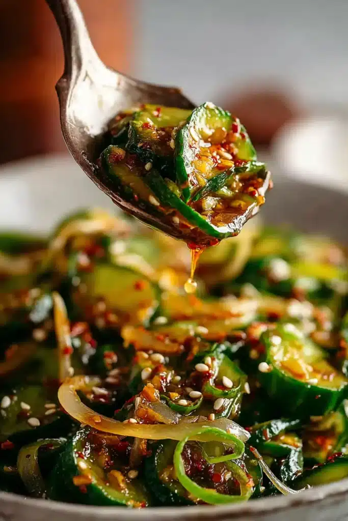 Close-up of cucumber salad with sesame seeds and chili oil dripping from a spoon.