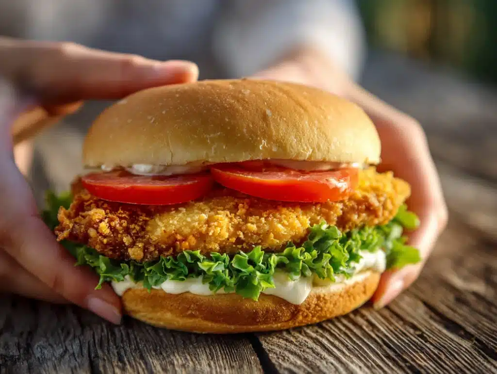 Hands holding a crispy grilled chicken sandwich with lettuce, tomato slices, and mayo on a soft golden bun