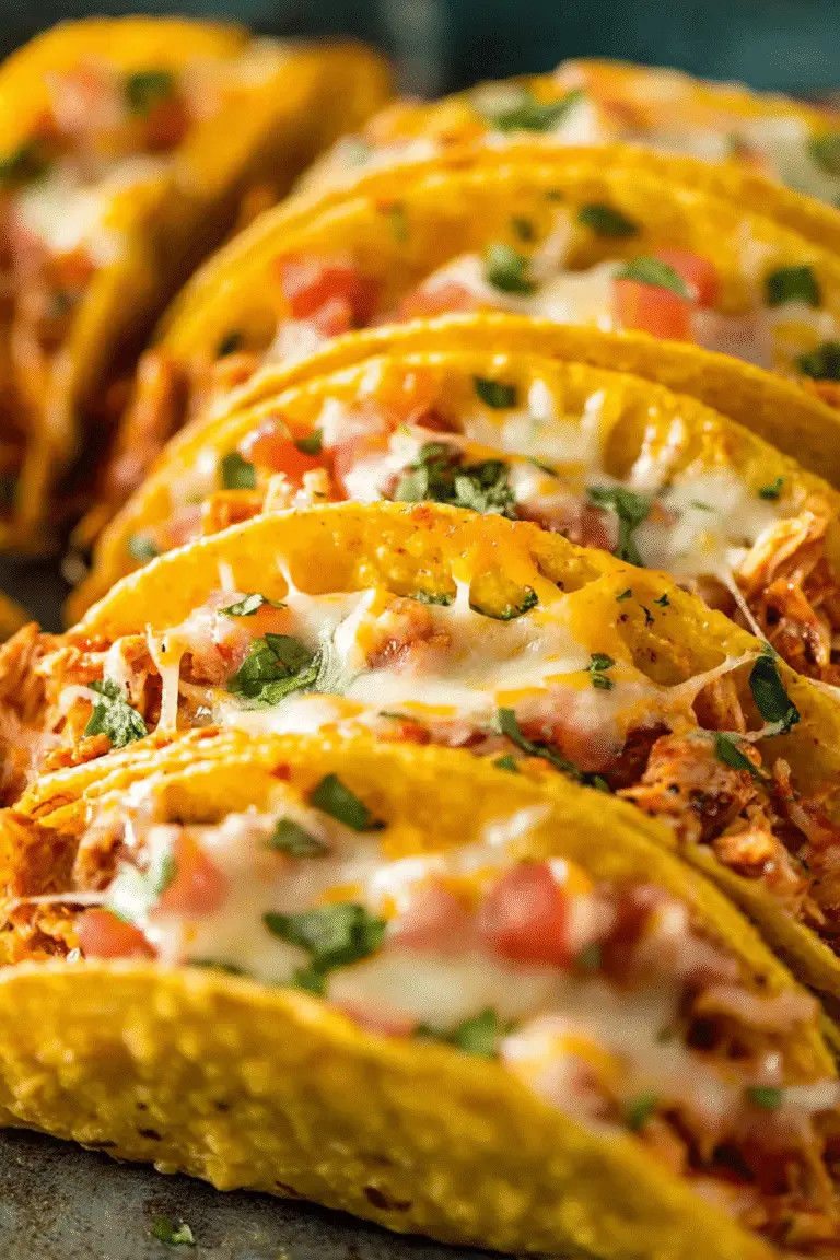 Crunchy baked chicken tacos filled with shredded chicken, melted cheese, diced tomatoes, and fresh cilantro.