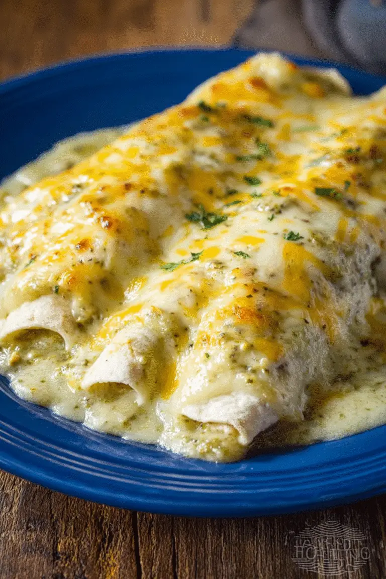 Baked chicken enchiladas topped with melty green chili sour cream sauce and golden cheese, served on a blue plate.