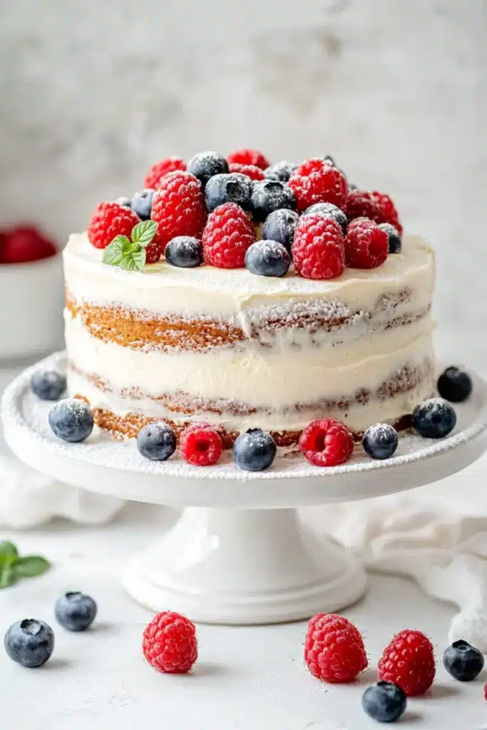 Whole vanilla sponge cake with white chocolate cream, topped with fresh raspberries and blueberries on a cake stand