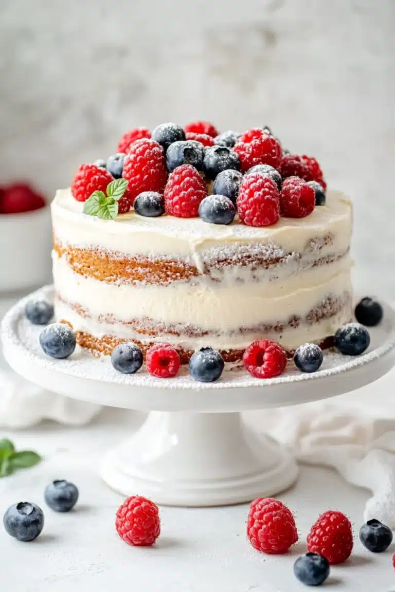 Whole vanilla sponge cake with white chocolate cream, topped with fresh raspberries and blueberries on a cake stand