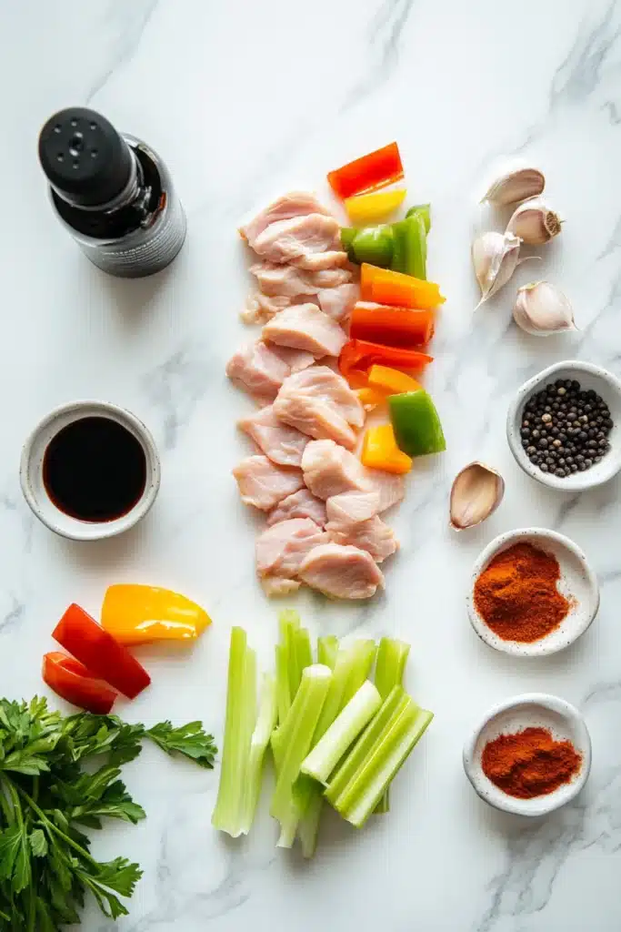Fresh ingredients for Black Pepper Chicken including raw chicken, bell peppers, celery, garlic, soy sauce, and seasonings