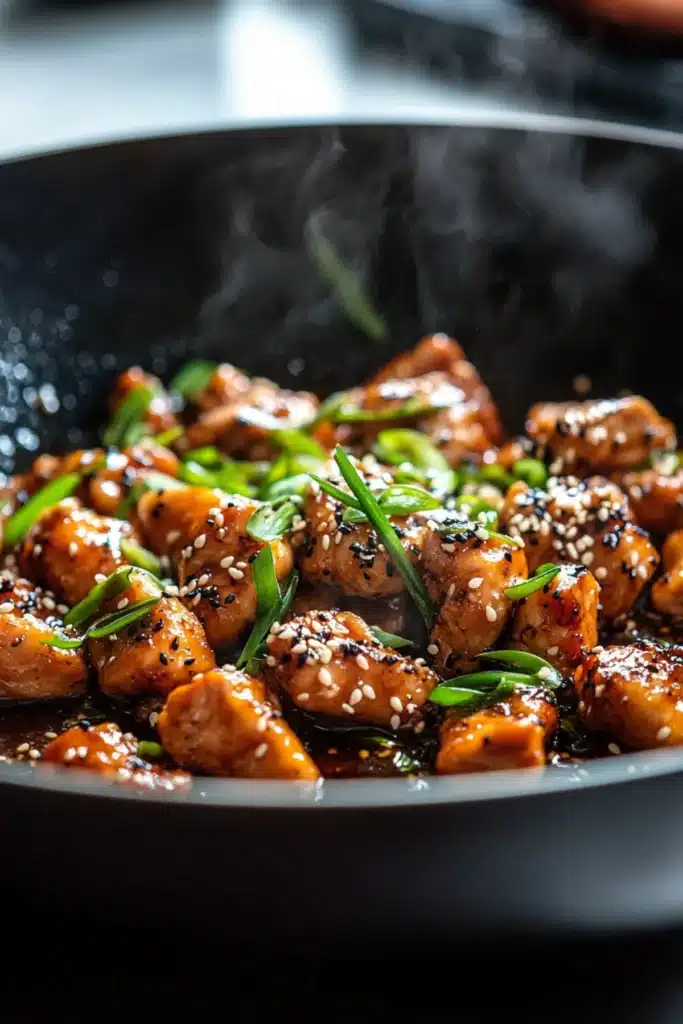 Hot Black Pepper Chicken simmering in a wok with sesame seeds and scallions in thick, glossy black pepper sauce