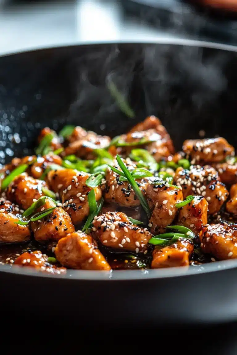 Hot Black Pepper Chicken simmering in a wok with sesame seeds and scallions in thick, glossy black pepper sauce