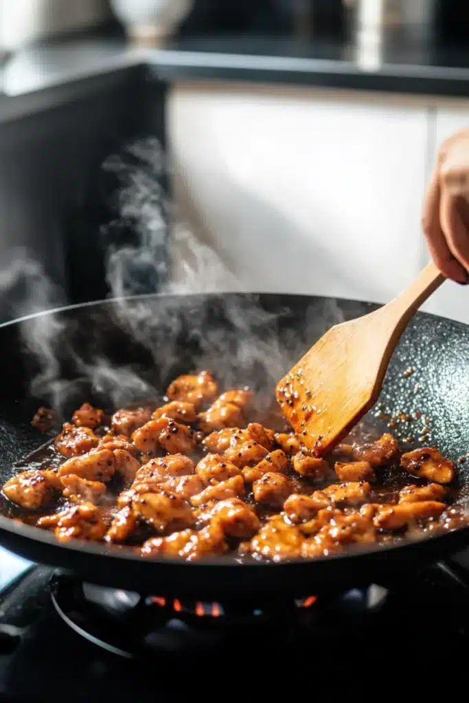 Hot Black Pepper Chicken cooking in a wok over open flame, stirred with a wooden spatula as steam rises