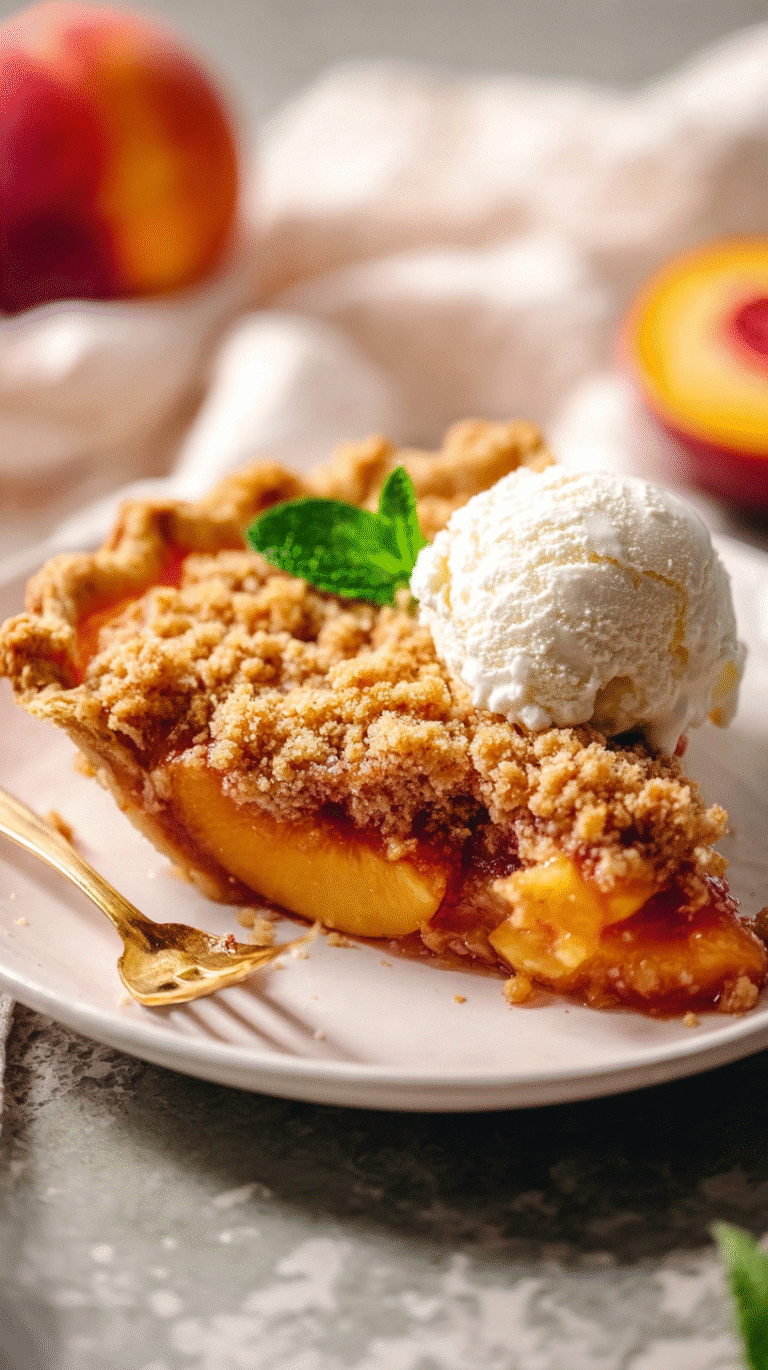 Fresh peach pie slice with brown sugar crumble topping, served with vanilla ice cream and garnished with mint