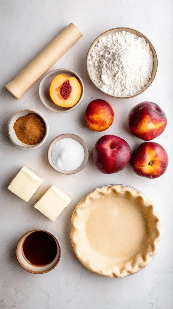 Flat lay of fresh peaches, flour, sugar, cinnamon, butter, pie crust, and vanilla for making brown sugar crumble top peach pie