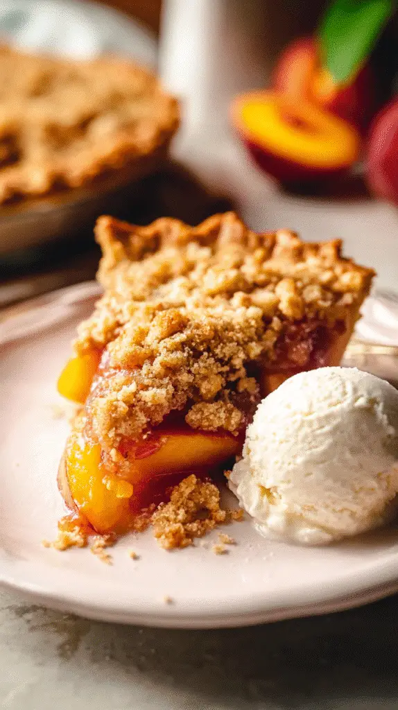 Slice of fresh peach pie with brown sugar crumble topping, served with vanilla ice cream on a pink plate