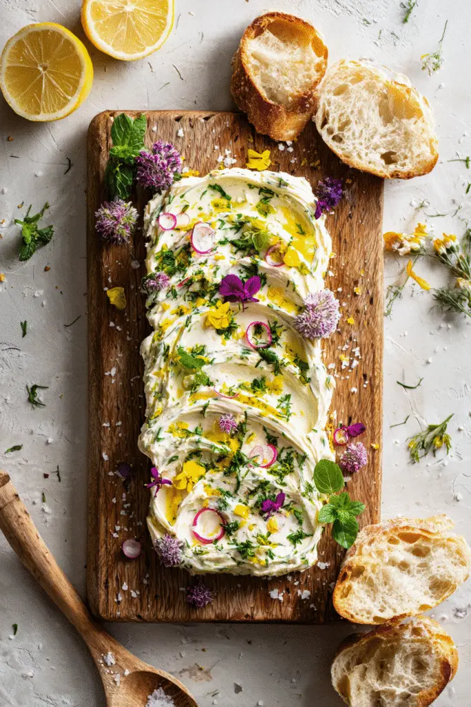 Whipped butter spread with herbs, edible flowers, and lemon zest on a wooden board with fresh bread and radish slices