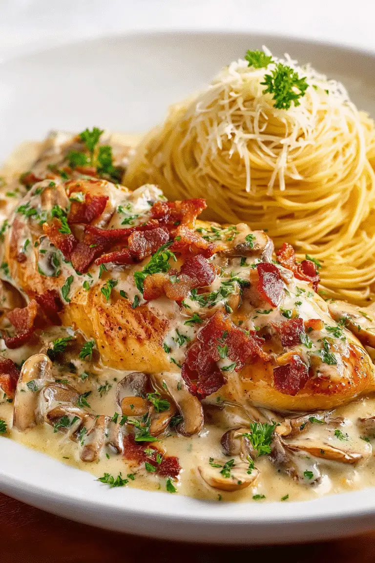 Seared chicken in creamy Riesling sauce with mushrooms and bacon, served with a nest of parmesan angel hair pasta.