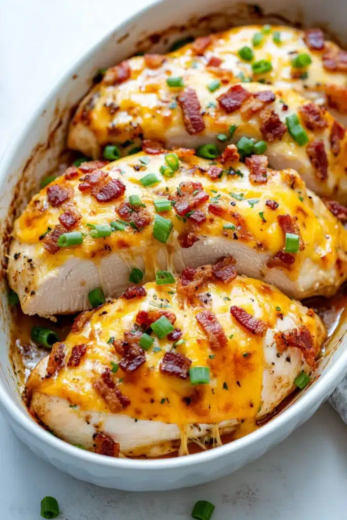Oven-baked chicken breasts smothered in melted cheddar, crispy bacon, and green onions for a savory family dinner