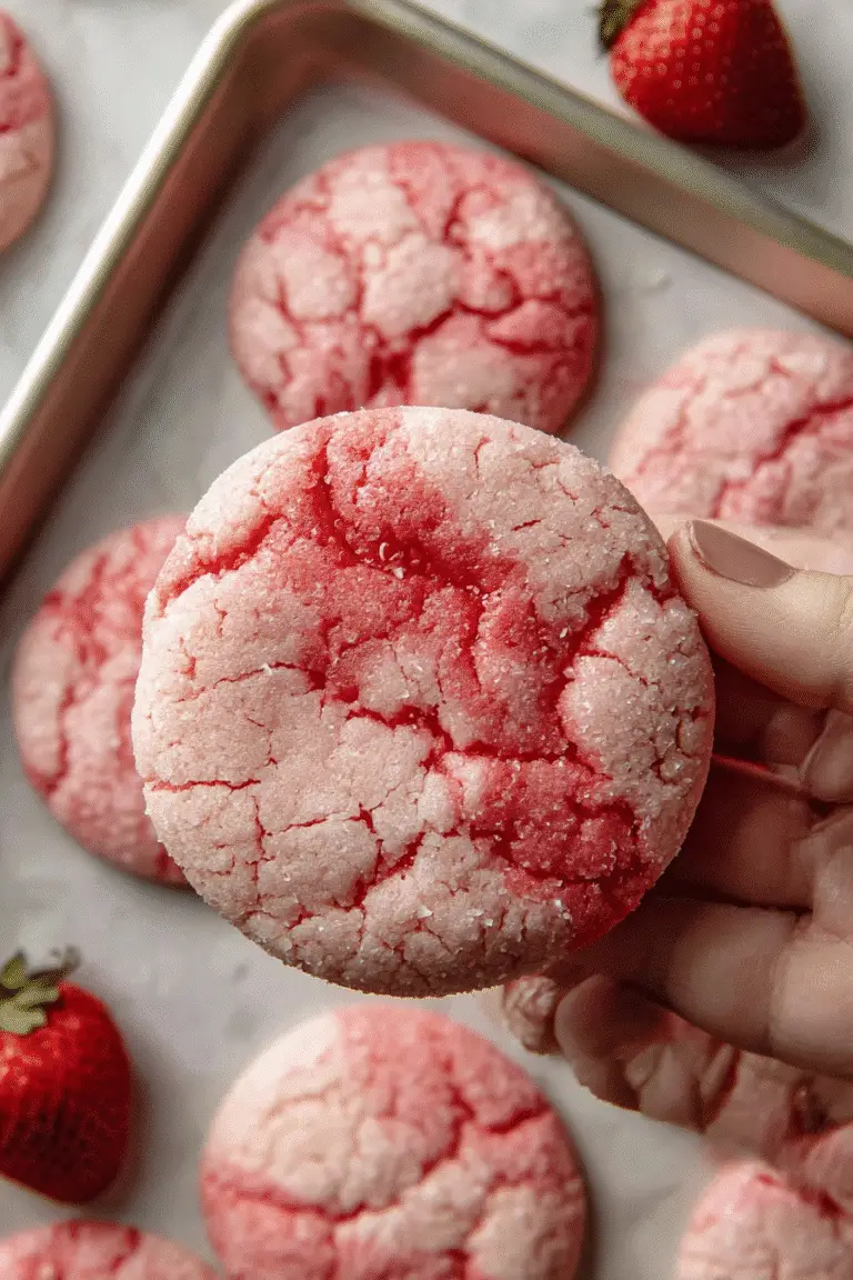 Chewy strawberry sugar cookie with bright red strawberry swirls and a sparkly sugar coating, held above a baking tray