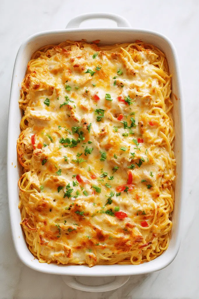 Golden baked Chicken Spaghetti casserole with melted cheese, fresh herbs, and creamy pasta in a white dish