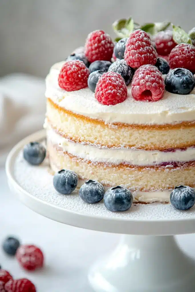 Close-up of white chocolate cream cake with fresh raspberries and blueberries, lightly dusted with powdered sugar