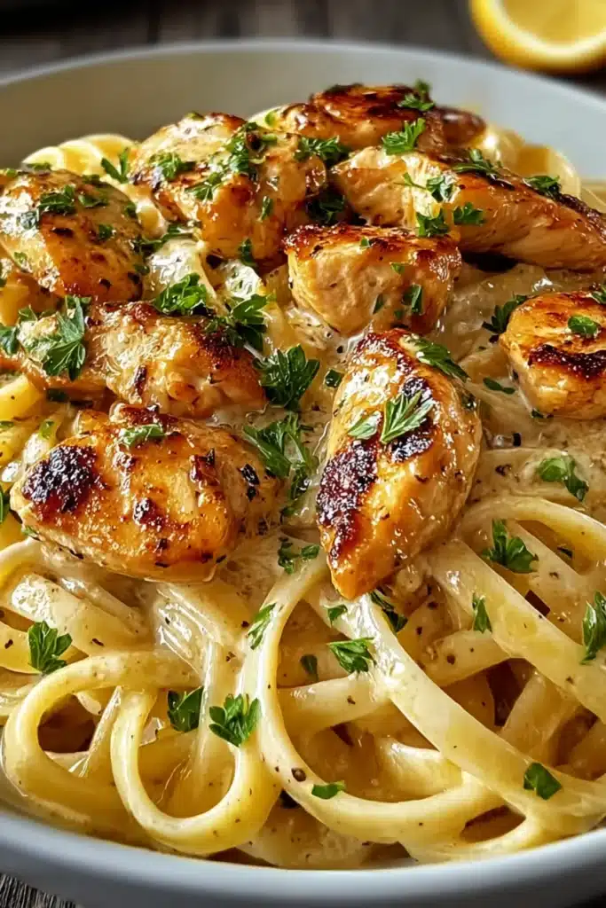 Seared chicken chunks over creamy linguine tossed in cowboy butter sauce, garnished with fresh parsley.

