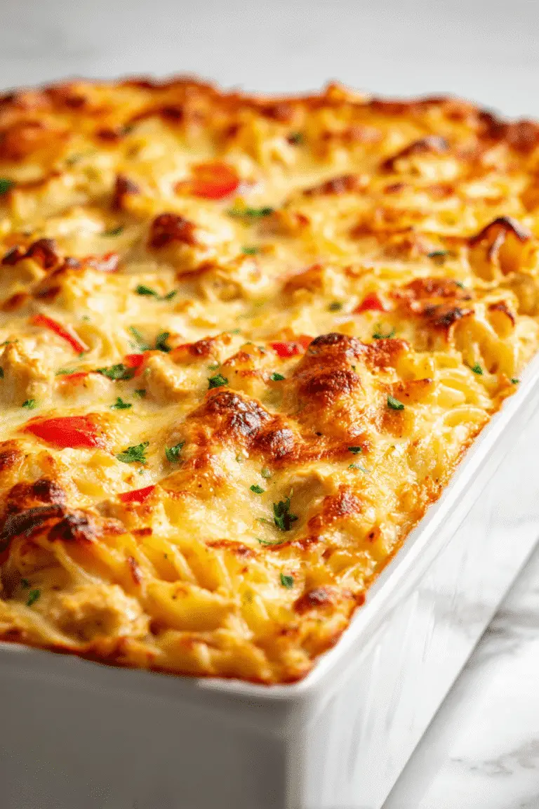 Golden baked Chicken Spaghetti casserole with creamy cheese, pasta, and herbs in a white dish